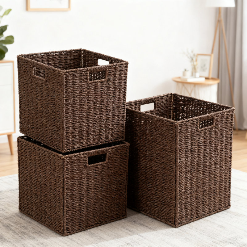 Handwoven Paper Rope Storage Baskets Set Of 4, Foldable Cube Organizers With Handles For Bedroom Living Room Closet, Sturdy Decorative Storage Bins For Clothes Toys Books