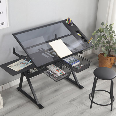 Matxalen Adjustable Glass Top Metal Base Drafting Table