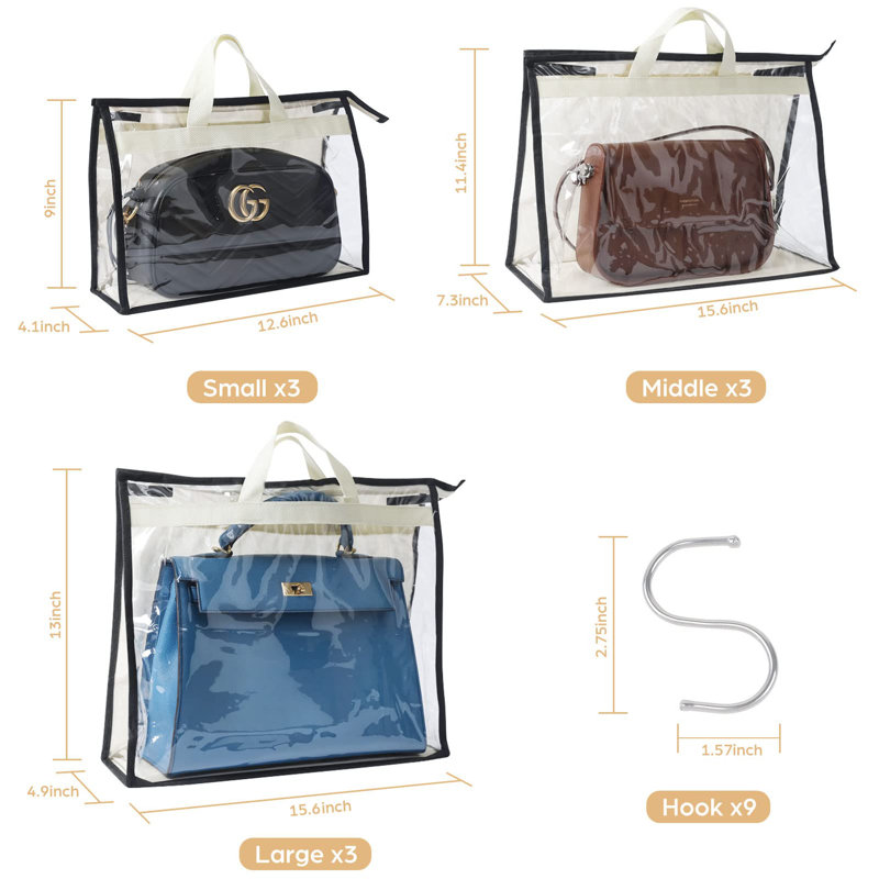 9 Pack Dust Bags For Handbags, Clear Handbag Storage, Purse Storage Organizer For Closet, Purse Cover Hanging Closet Organizer With Zipper