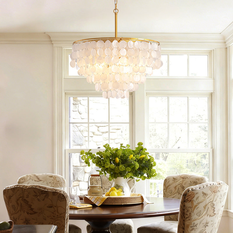 23.6'' Modern Gold Capiz Shell Chandelier 7-Light, Coastal Drum Pendant Light