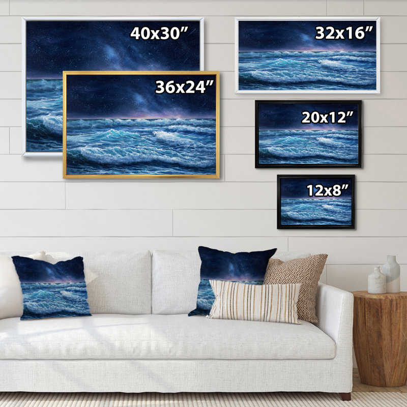 Waves In Storm At Nigh II - reproduction d'art sur toile, H 24 po x l 36 po x P 1 po, Cadre flottant doré