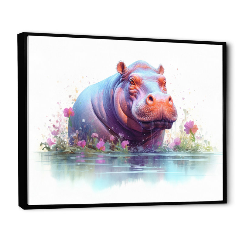 Hippopotame animé sur toile, Cadre flottant noir, H 30 po x l 40 po x P 1,5 po