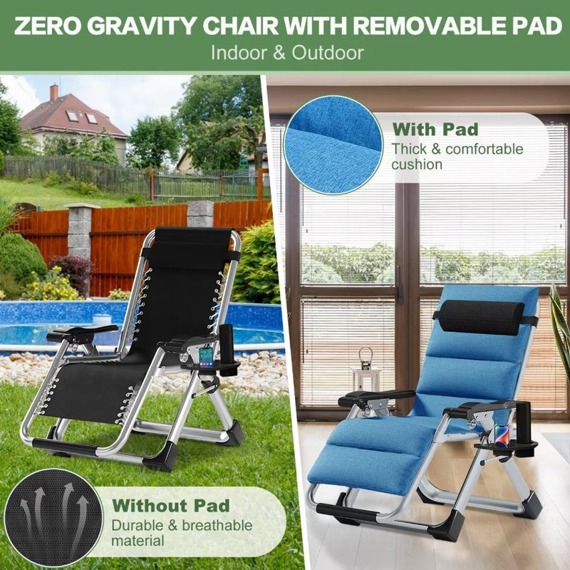 Reclining Folding Zero Gravity Chair with Cushion, Blue
