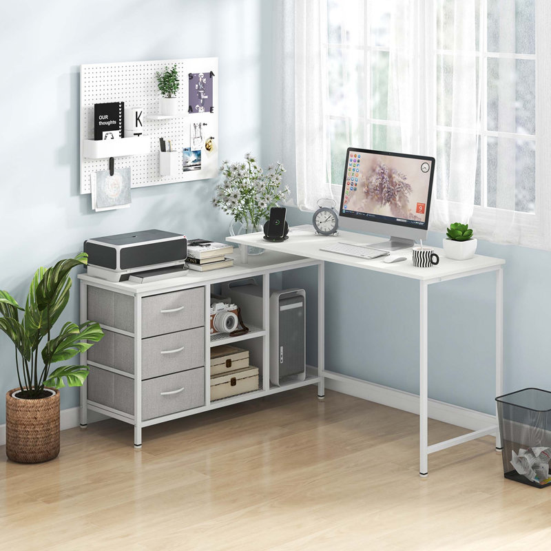 Shatima L-Shaped Iron Desk with Built-In Electrical Outlet
