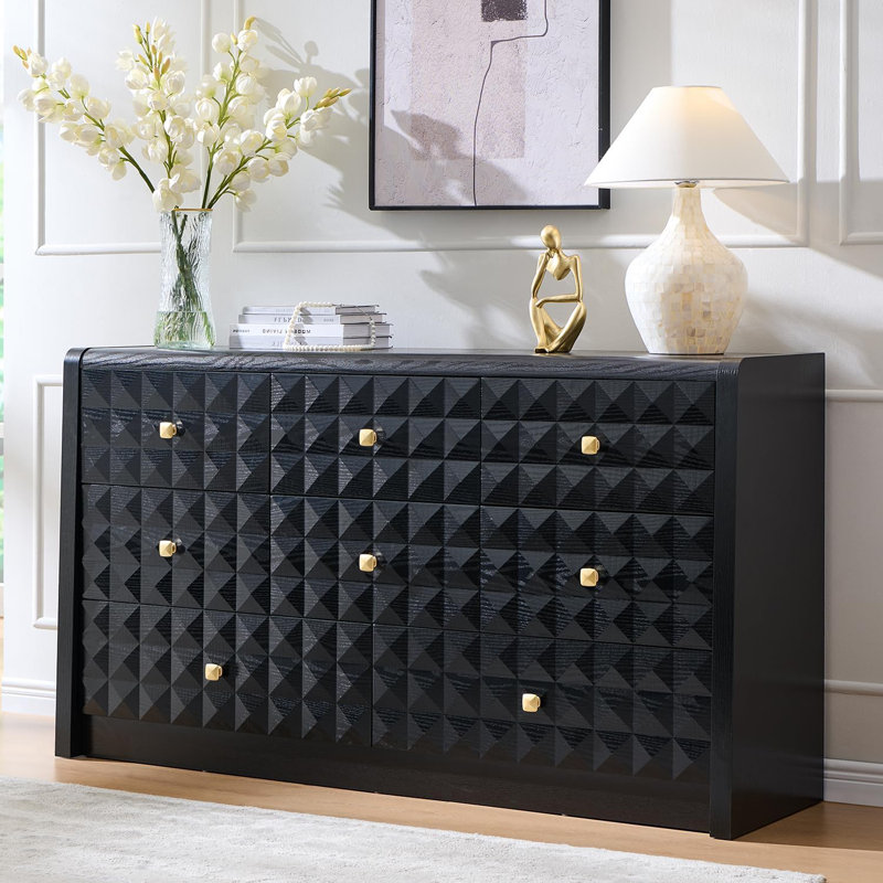     Commode moderne à 8 tiroirs pour chambre à coucher, commodes en bois texturé à losanges de 56 po de largeur et commode à profil courbé, commode moderne Mid-Century
