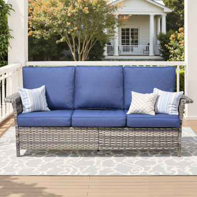 Canapé d'extérieur de 76,7 po de largeur, housses de coussin bleues, siège confortable et résistance aux intempéries