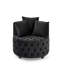 Fauteuil pivotant moderne en velours noir, avec accoudoirs à boutons et roulettes pour un confort optimal. Siège noir luxueux pour le salon.