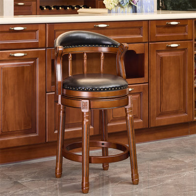 Seat Height 26'' Cow Top Leather Wooden Bar Stools, 360 Degree Swivel Bar Height Chair With Backs For Home Kitchen Counter(1Pc)