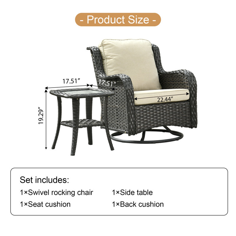 Chaises longues berçantes pivotantes en osier avec coussins et table, Beige, Brun