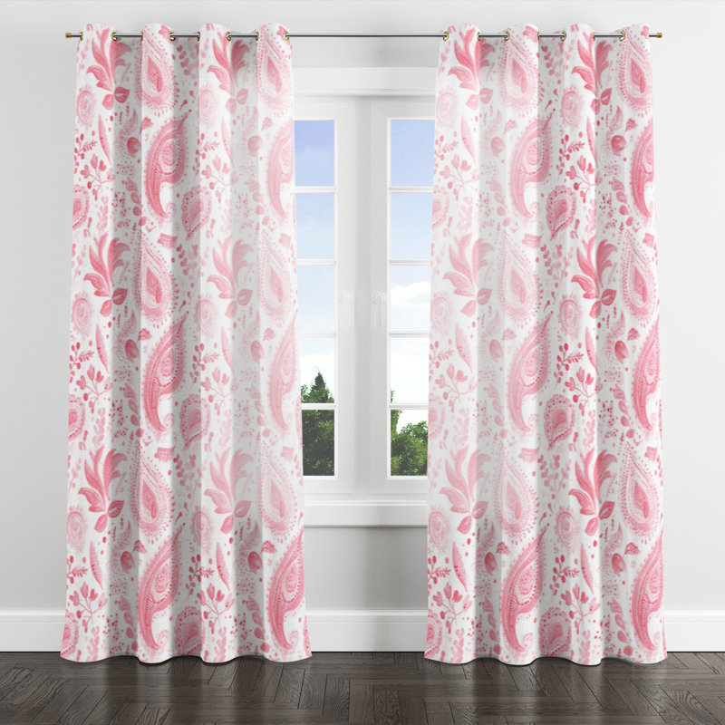 French Country Window curtains - Transitional Red And White Delicate Paisley Grommet Curtain - 1 Panel, Gold Grommets