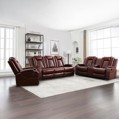 Drady 3 - Piece Faux Leather Living Room Set with LED Lighting and Wireless Charger