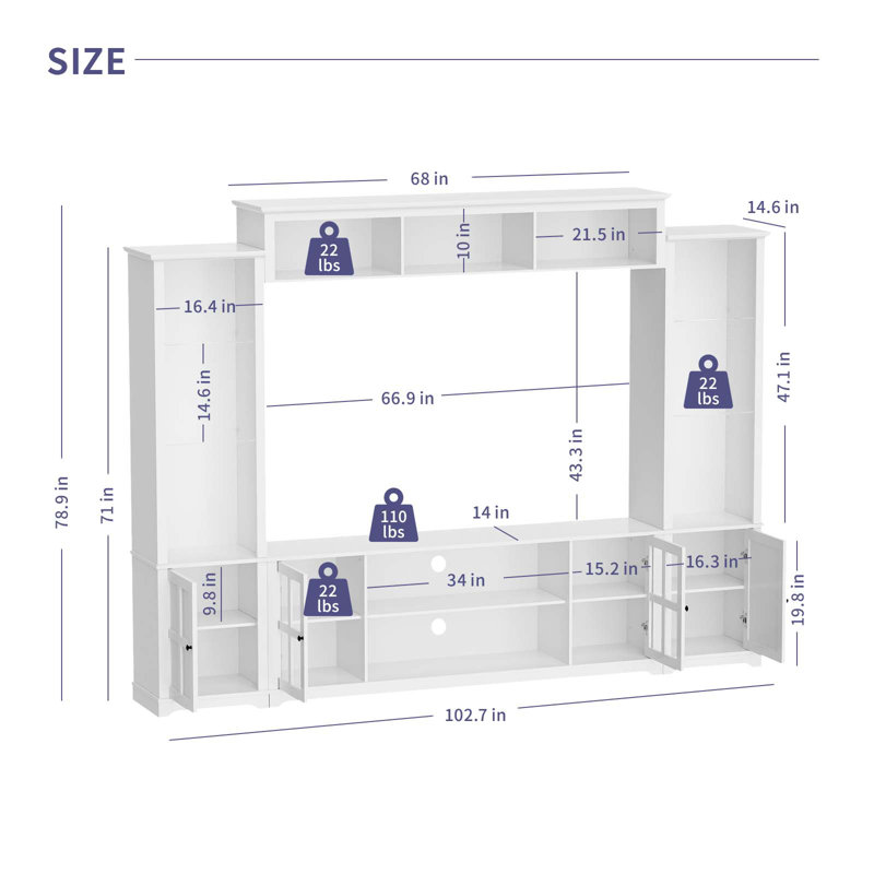 White Large Particleboard 4 Piece Wall Unit TV Stand with Bookshelf