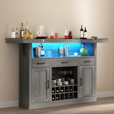 Bar Table Cabinet With LED & 3 Drawers, Liquor Bar With Door For Home Pub
