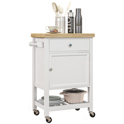 Utility Kitchen Cart, Rolling Kitchen Island With Smooth Rubberwood Top, Narrow Butcher Block Surface On Wheels With Storage Drawer & Cabinet, White