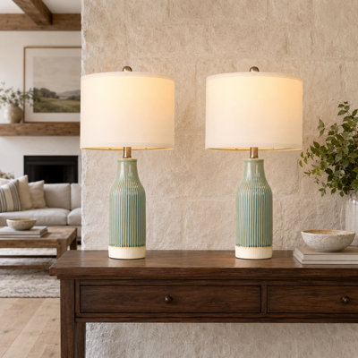 Set of 2 Light-Green 23.75" Ceramic Table Lamps with Modern Farmhouse Styling, Decorative Bedside and End-Table Lighting for Bedrooms and Living Rooms