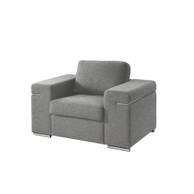 Fauteuil Gianna en tissu tissé gris pâle avec pattes en acier inoxydable brossé