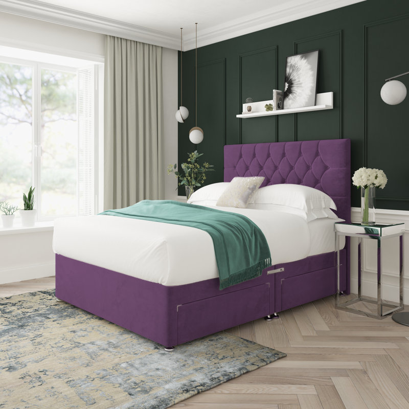 Upholstered Divan Bed, Purple, Left Side Drawers, Small Single (2'6)