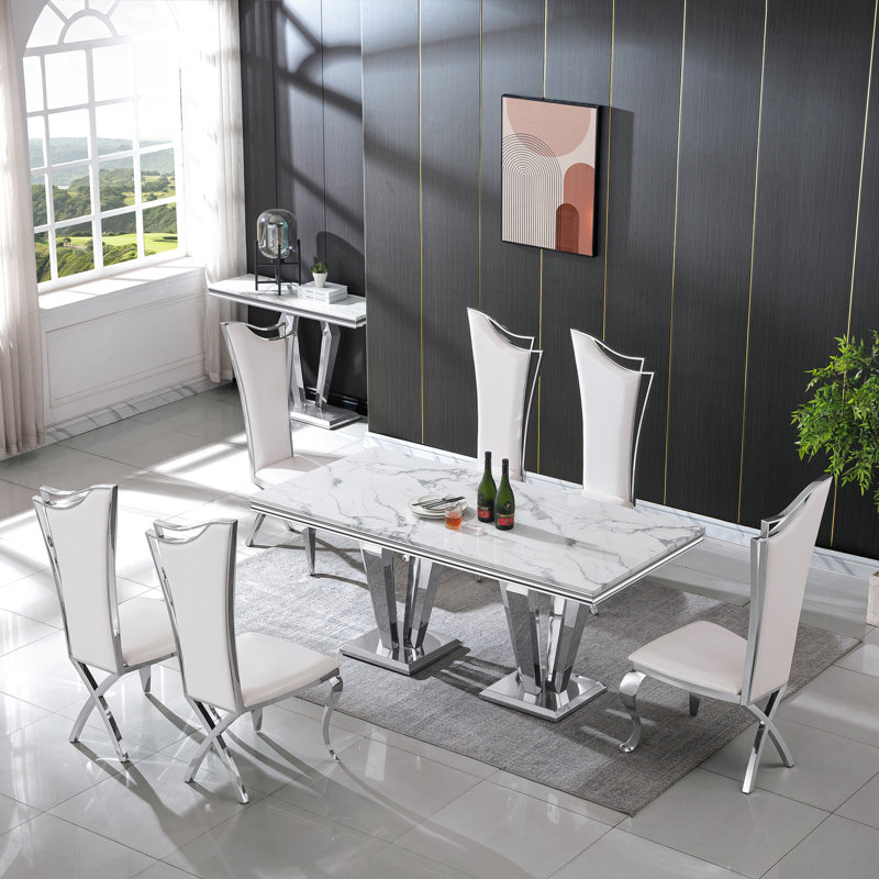 7-Piece Dining Set with Marble-Print Tabletop and Upholstered Chairs – Velvet & PU Options, Stainless Steel Legs
