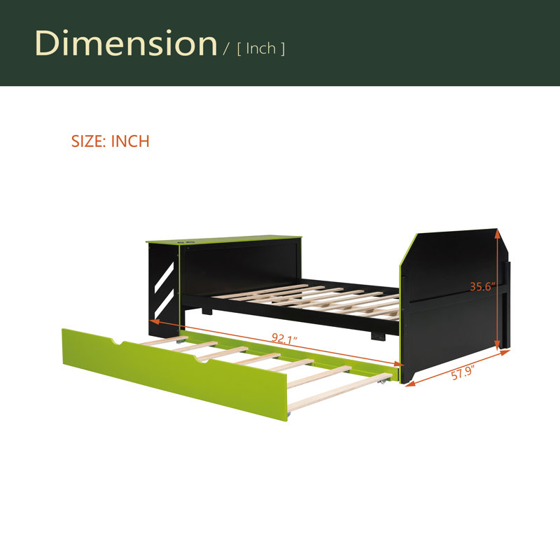 Lit de jour en bois pleine grandeur avec lit gigogne simple, bureau et port USB, Vert