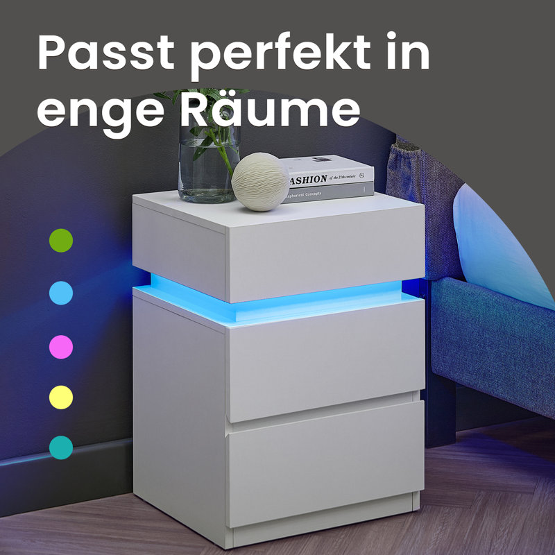 Karisia Nightstands with LED Lights, Adjustable Light Colours, 3 Drawers, Side Table, Modern Style, White