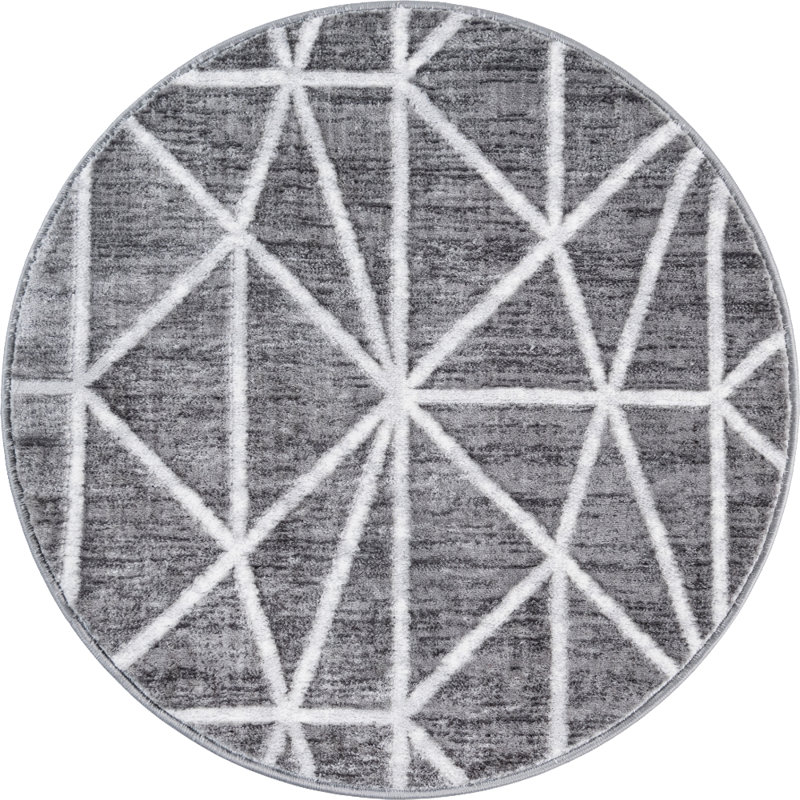 Tapis géométrique gris foncé / ivoire Oceola, Rond 3 pi 3 po