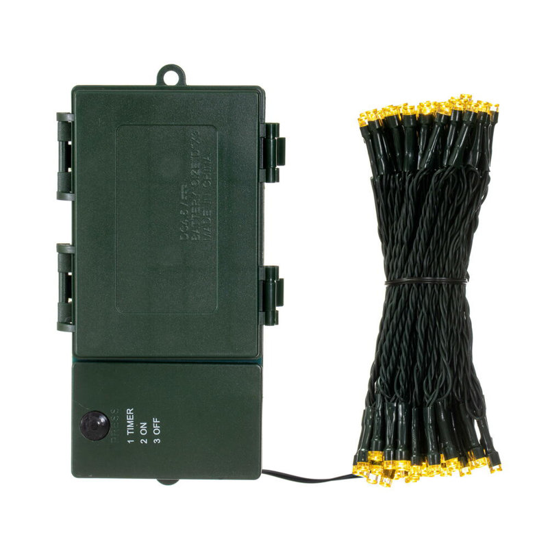 100 LED Warm White Battery Operated Light Set, Green Wire with 5" Bulb Spacing.