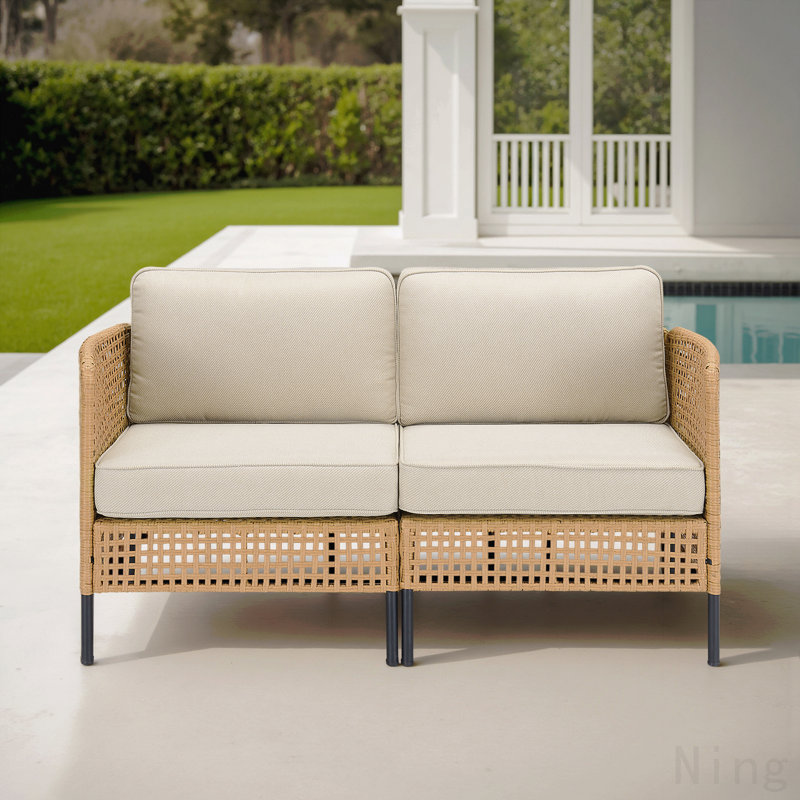 Ensemble de canapé modulaire d'extérieur en osier naturel avec coussins beiges Boho