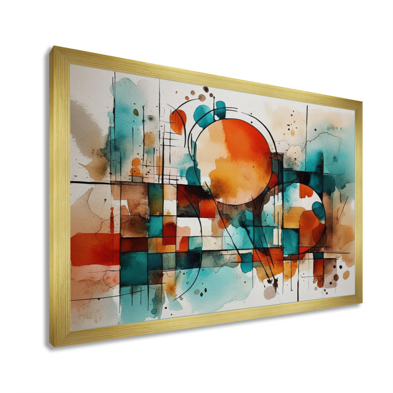 Orange orange géométrique - art mural abstrait géométrique, Cadre doré simple, H 24 po x l 32 po x P 1 po