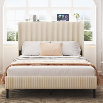 Full Size Platform Bed , Metal Bed Frame With Charging Station, No Box Spring Needed, (Beige), Noise Free,Easy Assemble.