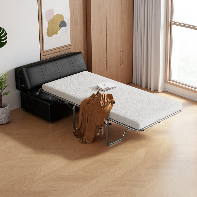 Lit simple escamotable avec repose-pieds et matelas, Noir