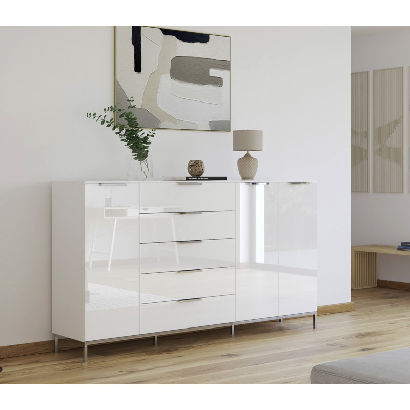 Flipp 5 - Drawer Chest of Drawers, Alpine White/White Glass/Chrome