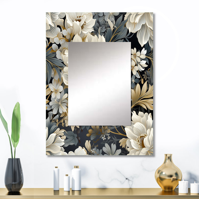 Apolonio fleur élégante gris neutre - miroir floral, miroir mural floral unique, impression d'art en métal, 32 po x 24 po