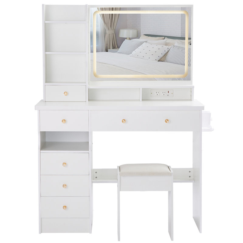 41" Large Size Left Drawer Desktop Vanity Table+Cushioned Stool Dresser Set, White