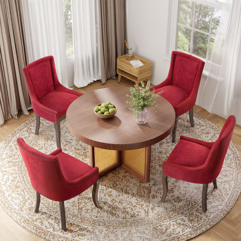 Solid Wood Fabric Upholstered Dining Chairs Kitchen Chairs, Red, 4
