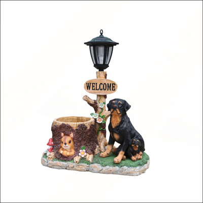 Rottweiler Dog Family Planter Statue with Detailed Design, Perfect for Outdoor Decor and Plant Display