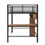 Lit mezzanine double en métal et en bois avec bureau en L et tablettes de rangement