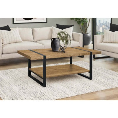 Contemporary Rectangular Mango Wood-look Coffee Table with Metal Frame, Spacious Top and Lower Shelf for Living Room