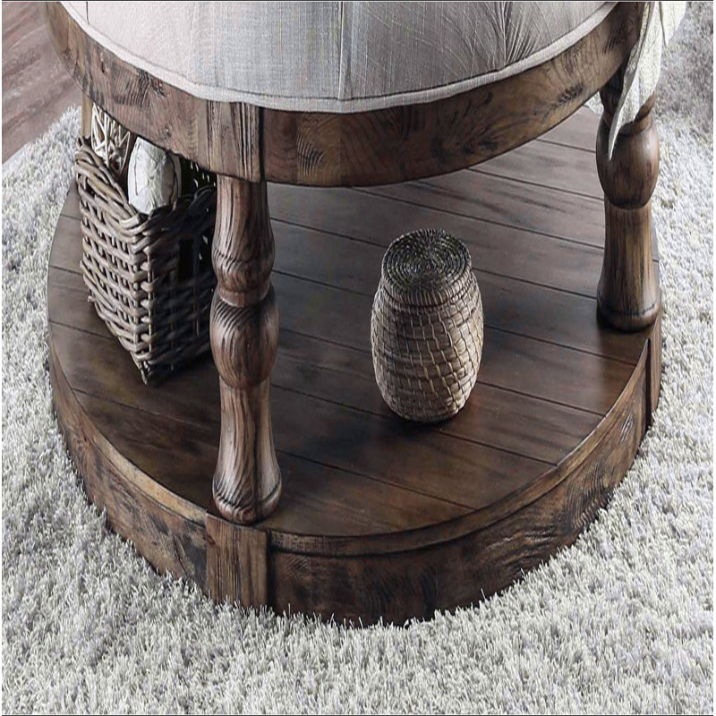 Table basse ronde en bois de style rustique avec pieds tournés et tablette ouverte en chêne antique