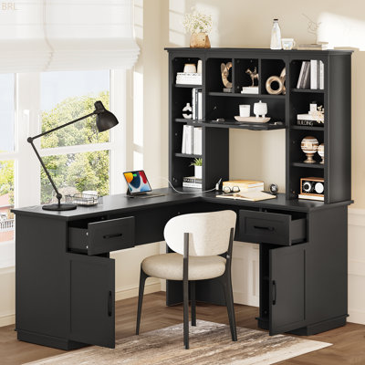 Bureau d'ordinateur en L avec tablettes ouvertes, armoire et tiroirs