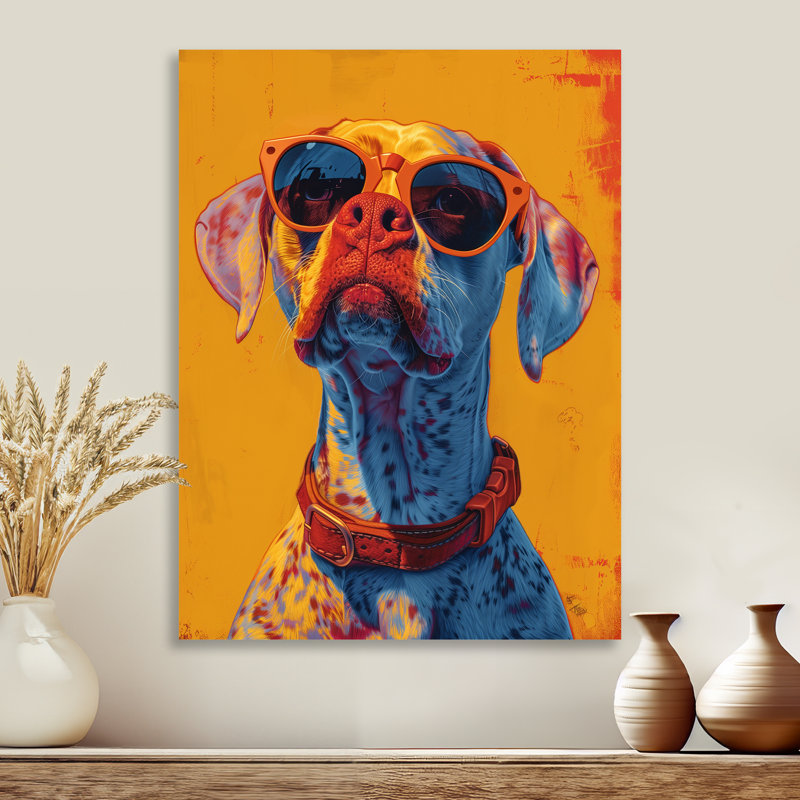 Décoration de chien chien orange rouge avec lunettes de soleil, Métal métal, H 16 po x l 32 po x P 1 po