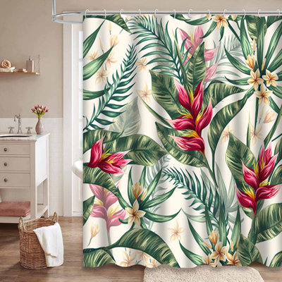 Waterproof Tropical Floral Watercolor Jungle Shower Curtain with 12 Hooks