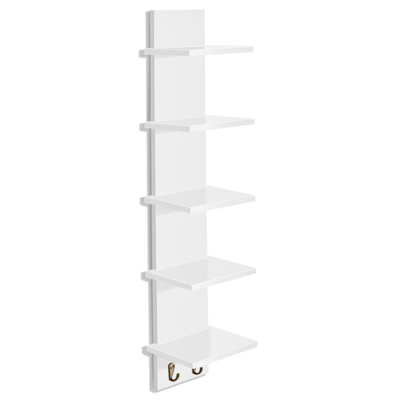 Sorbus 5 Tier Wall Shelf Unit with Hooks, Vertical Column Utility Shelving for Home Decor and Storage Organizer, White, White