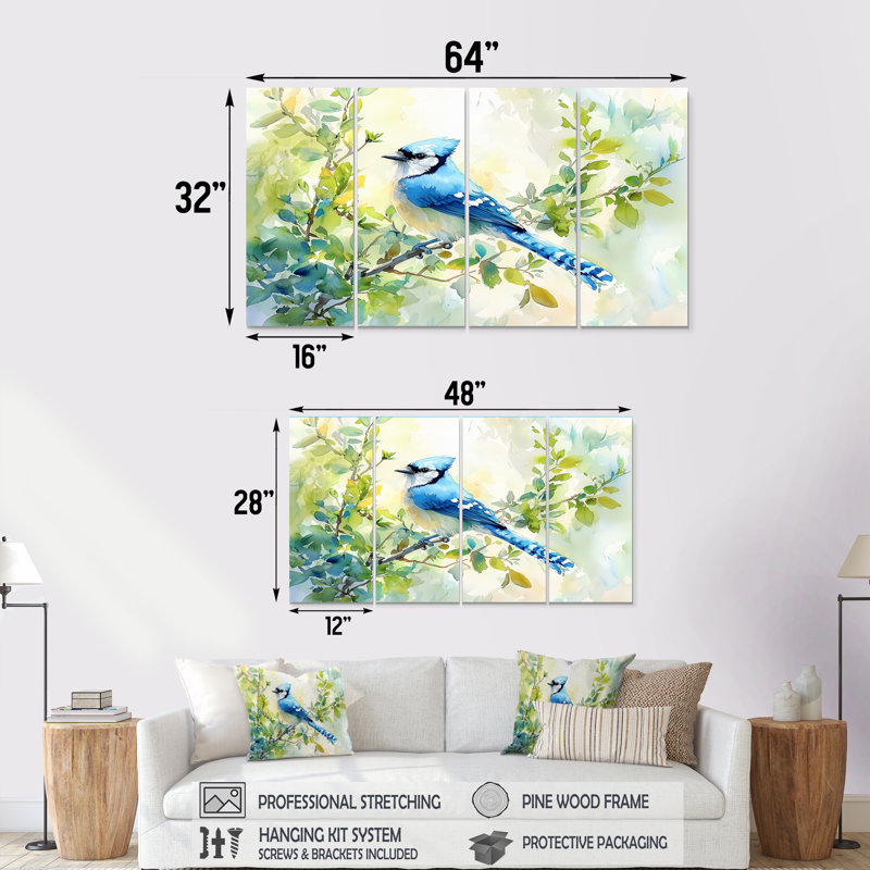 Geai bleu pastel perché sur une branche - Art mural oiseau - décoration murale moderne, H 28 po x l 48 po