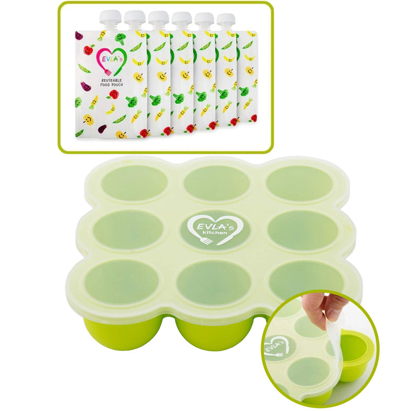 Contenants de rangement pour aliments pour bébés - plateau de congélation pour aliments pour bébé avec couvercle et 6 sachets réutilisables pour aliments pour bébés - ensemble d'alimentation pour bébé en silicone (vert)