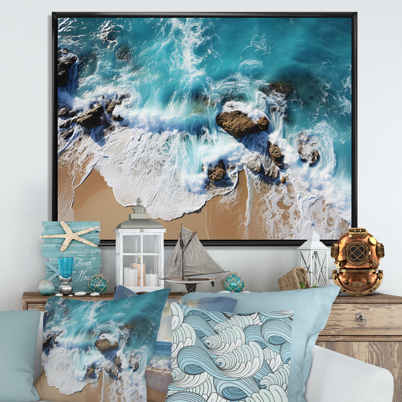 Skyblue, vagues côtières aériennes V - art mural plage, Cadre flottant noir, H 12 po x l 20 po x P 1 po