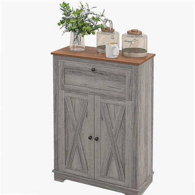 HOMCOM Farmhouse Style Barn Door Decorative Cabinet, Kitchen Sideboard Storage Cabinet, with Double Doors, Drawers, and Adjustable Shelves, Suitable for Bedroom, Living Room, Gray