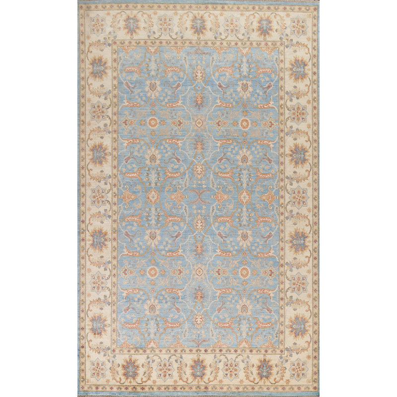 Tapis bleu en laine noué à la main de conception unique 6 pi 6 po x 9 pi 8 po