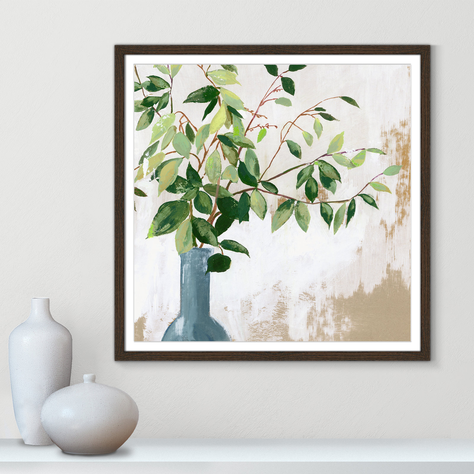 Mabank "Green Fall Leaves" Painting by Asia Jensen, 23.5" H x 23.5" W x 0.75" D, Walnut Framed