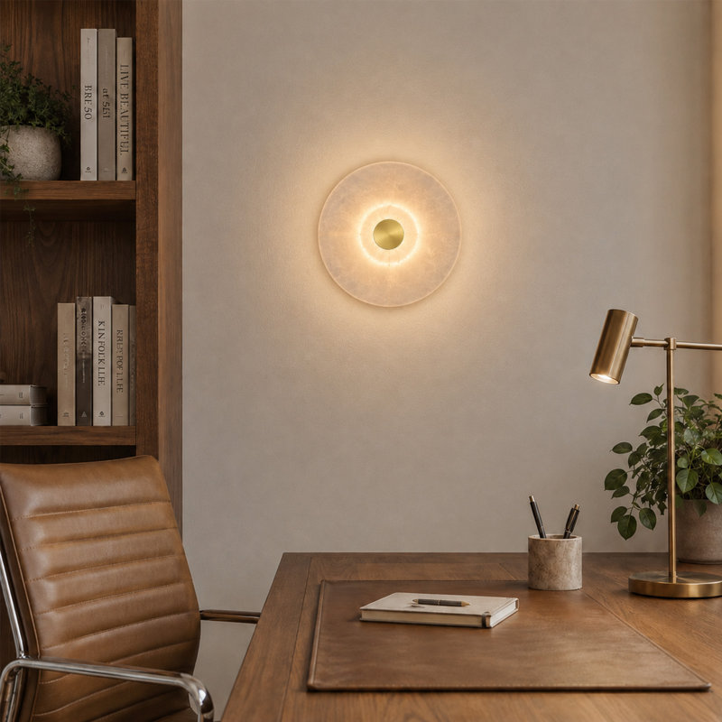 10" Natural Stone Round Wall Sconce with Metal Back Plate – Hardwired Wall Light, LED Bulb Included
