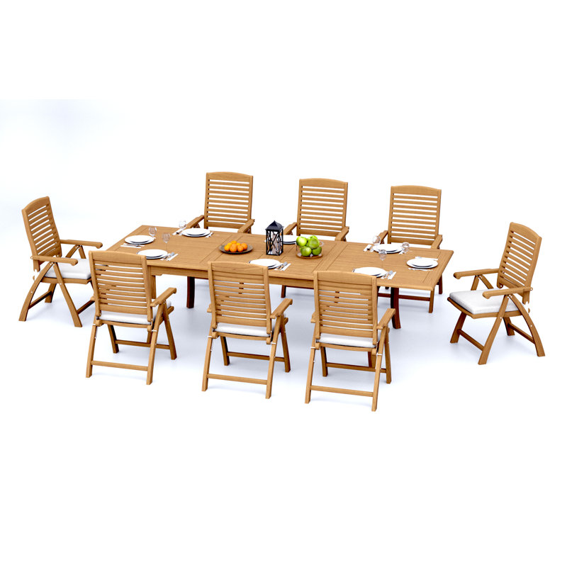 12 Seats 13 Pcs Grade-A Teak Wood Dining Set: 118" Double Extension Rectangle Table And 12 Ashely Folding Reclining Arm Chairs #11AS2412